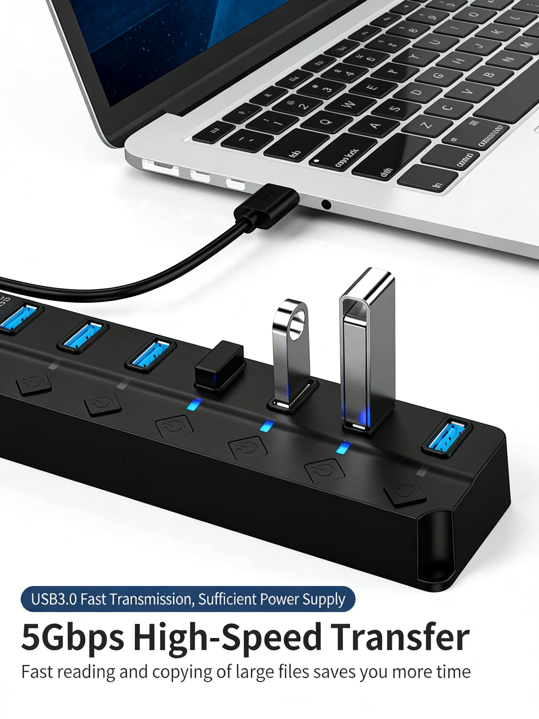 4/7-Port USB 3.0 Hub with LED Indicator Independent Switch Control for Laptop Flash Drive Hard Disk Printer Camera Keyboard