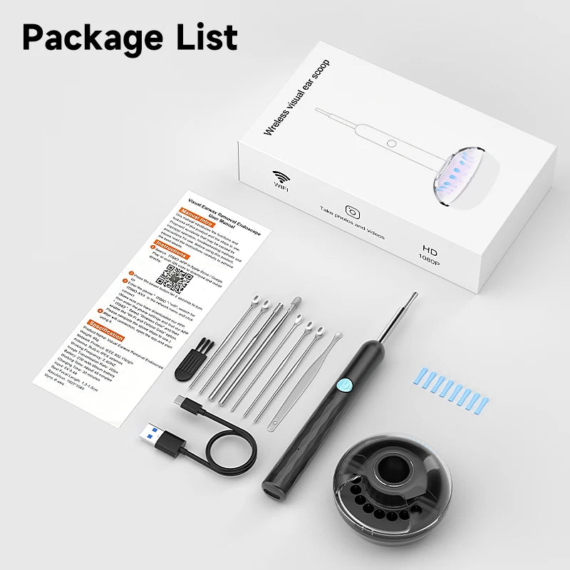 WiFi Visual Ear scope Camera 1080P for iPhone/Android Ear Picker Cleaning Wireless Endoscope Otoscope with Ear Wax Removal Tools