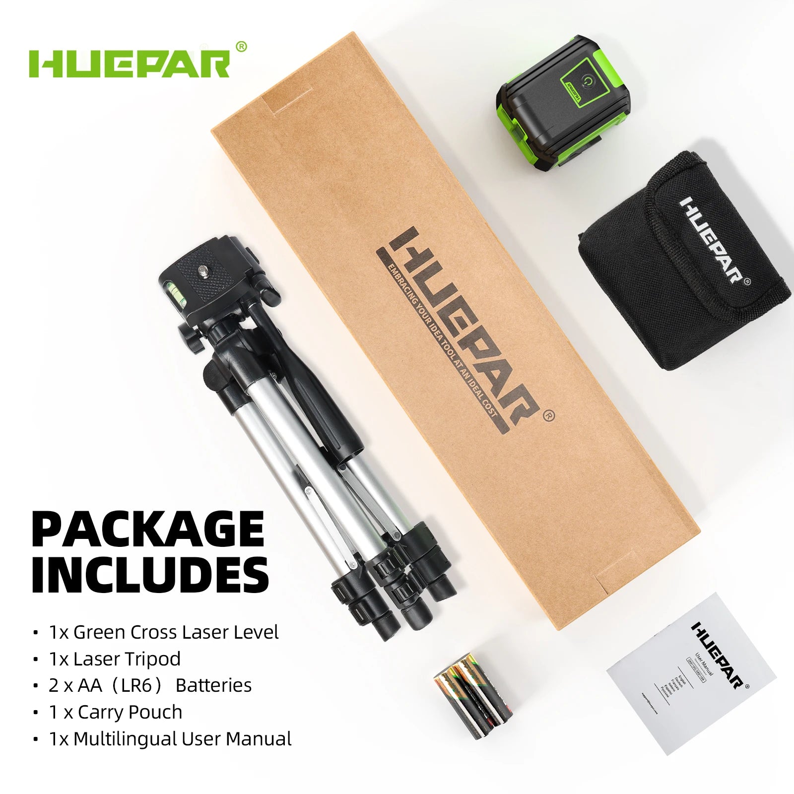 Huepar 2 Lines Laser Level with Tripod 98Ft Self-Leveling Horizontal & Vertical Green Cross Line Laser with Carrying Bag