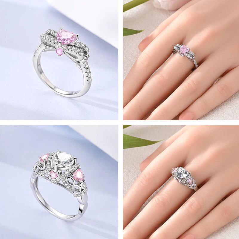 Anillos Apilables de Plata Esterlina 925 (Nuevos) – Lazo Rosa + Corazón (Tema Amor), Adecuados para Mujer y Chica