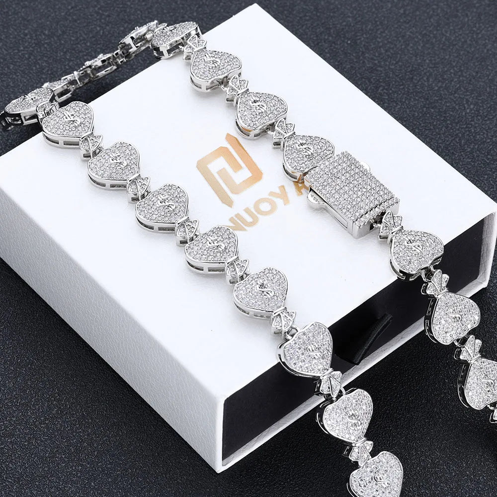 Hip Hop Rapper Jewelry Iced $ Money Bag Necklace Micro Pave CZ Zirconia USD Money Bag Cuban Chain Necklace for Men Women ﻿