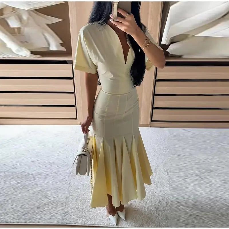 Women Fashion Solid Dress V-neck Ruffles Hem Short Sleeves Waist-cinching Draped Empire Dresses Summer Chic Elegant Summer Gown