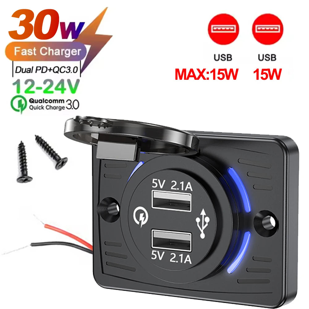 Wall Mount Charger Adapter, 2-4 Ports USB Outlet, QC 22.5W PD 30W Type-C Quick Charge, QC3.0 Panel, Bus, ATV, Truck