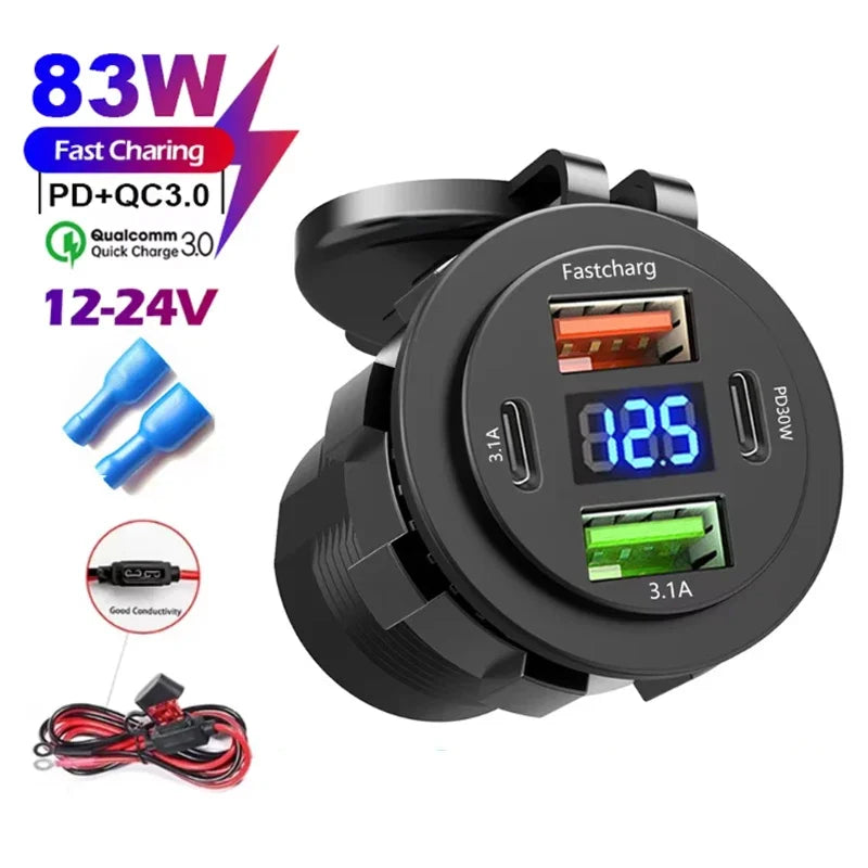 NEW 4 Ports Dual PD Dual QC 3.0 USB Car Charger with Voltmeter Socket Power Outlet Adapter Waterproof for 12V/24V Car Boat