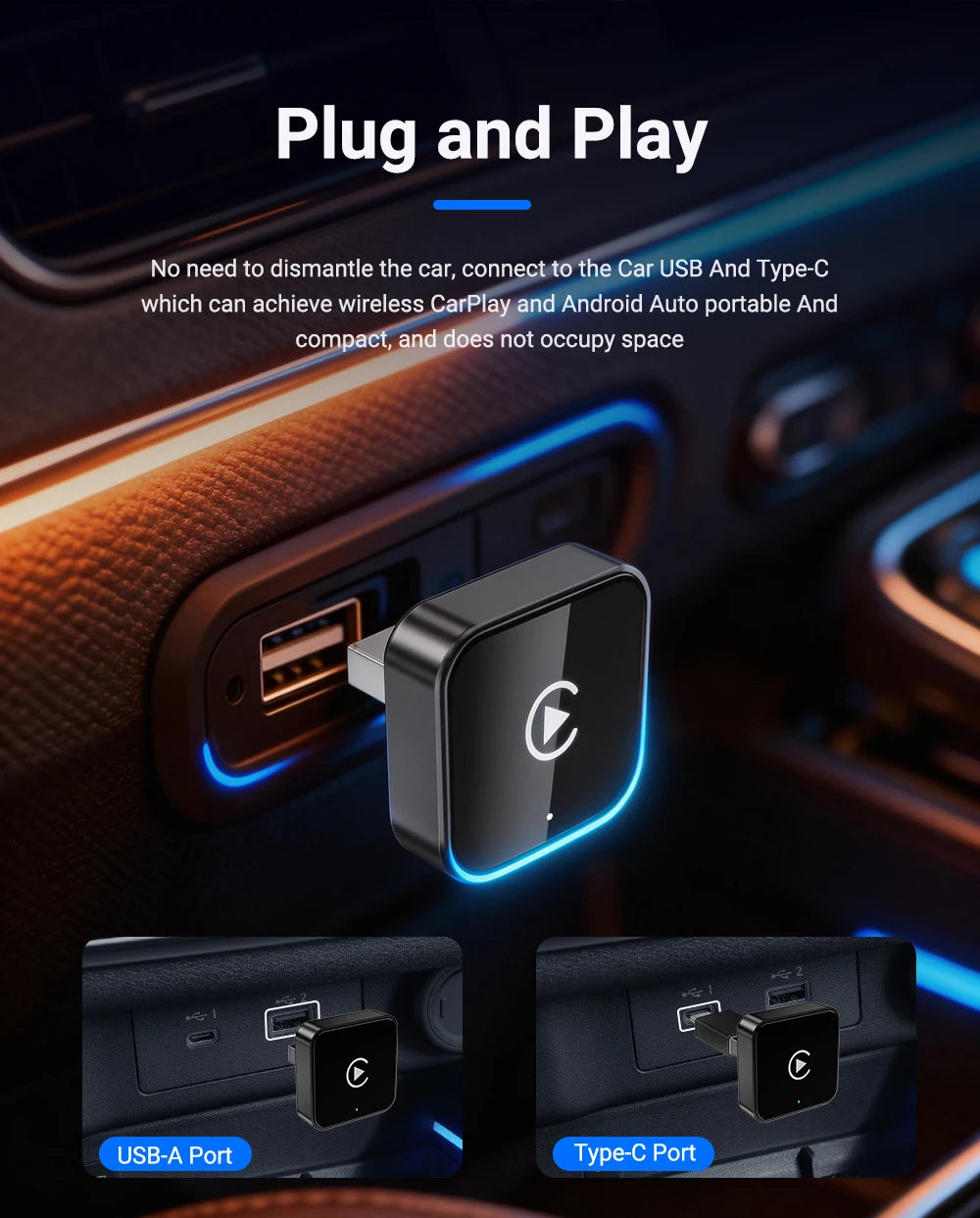 2026 NEW Upgraded Wired To Wireless Carplay Android Auto 2In1 Adapter Car Gadget Smart Box Plug and Play 5Ghz Wifi Fast Connect