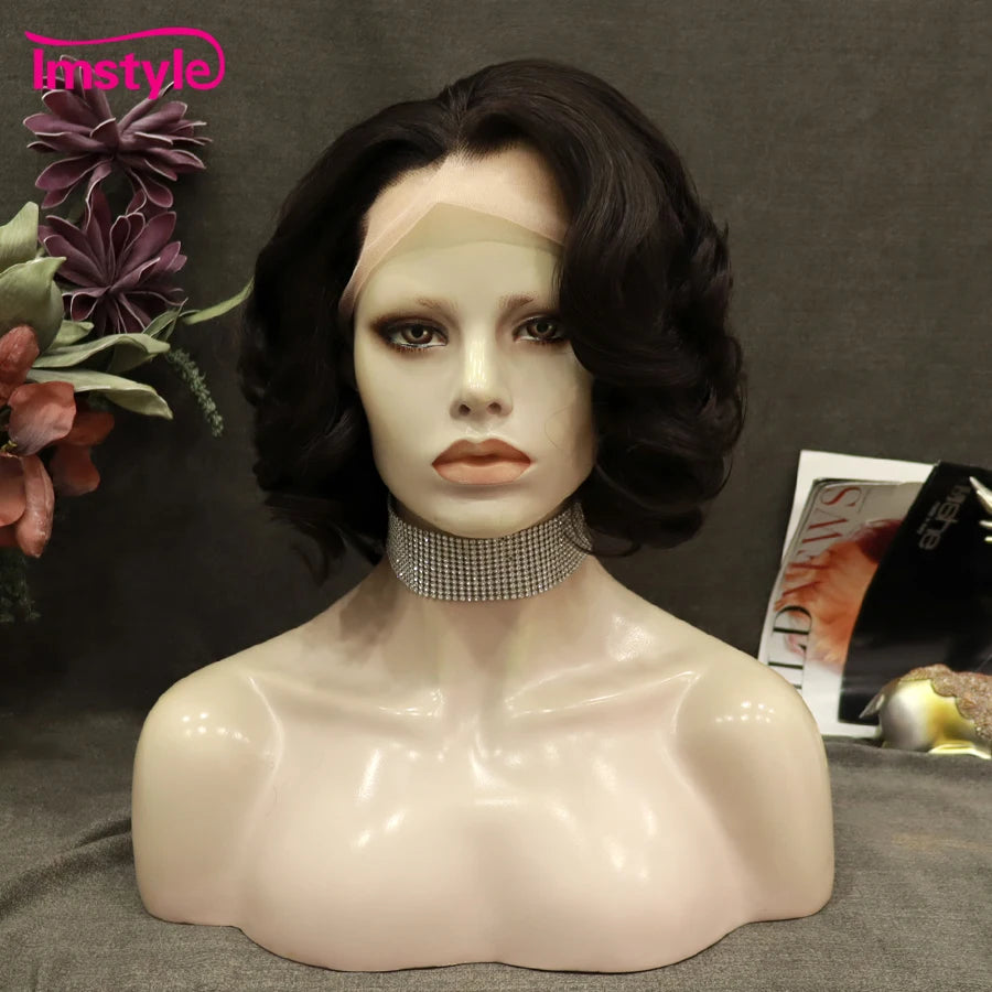 Imstyle Short Wig Grey Synthetic Lace Front Wig Natural Hairline Wavy Wig Heat Resistant Fiber Cosplay Wigs For Women Party Wig