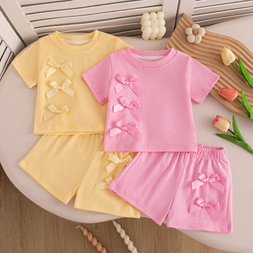Baby Girl Set Summer Solid-Color Bow Short-Sleeve Top and Shorts Baby Girl Clothes Cute Beach Baby Outfit Set