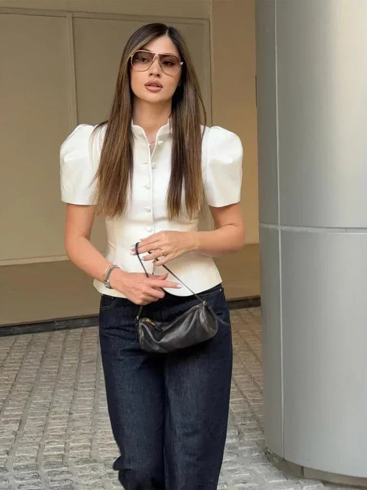 Chic White Lantern Sleeve Shirt Women Solid Stand Collar Stand Collar Slim Shirts Lady Casual Tops Commute Outwear 2026 New