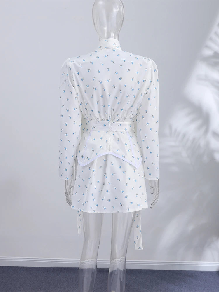 Women Floral Dress Choker Tie Midi Dress Deep V Long Sleeve Belt Waist Club Mini Dress Summer Wear Woman Clothes Daily Outfit
