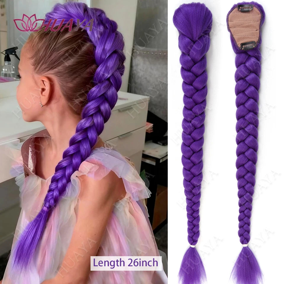 Synthetic Purple Braided Hair Ponytail Rumi Costume Hairstyle Long Ponytail with Rubber band and Clips for Kids Girls Christmas
