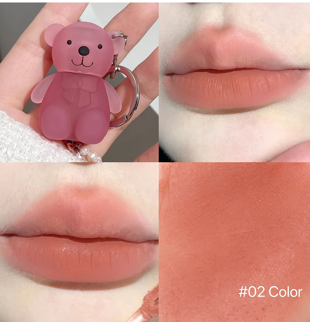 Cute Bear Velvet Lip Mud Keychain Matte Nude Red Lip Gloss Autumn Winter Non-stick Cup Lipstick Waterproof Lasting Lips Makeup