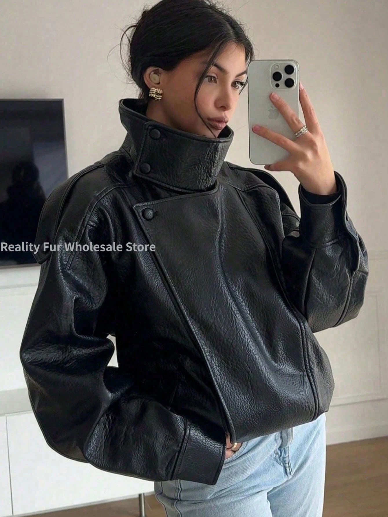 Fake leather Coat Women Y2k Faux Leather Jacket New Casual PU Jacket Motorcycle Style Leather Jacket Pebble Fall Personality