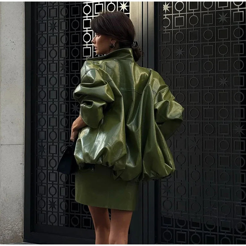 Vintage Green Leather Skirt Sets Women Fashion Solid Strapless Short Skirts Zipper Jacket Outfits Lady Daily Highstreet Outfits