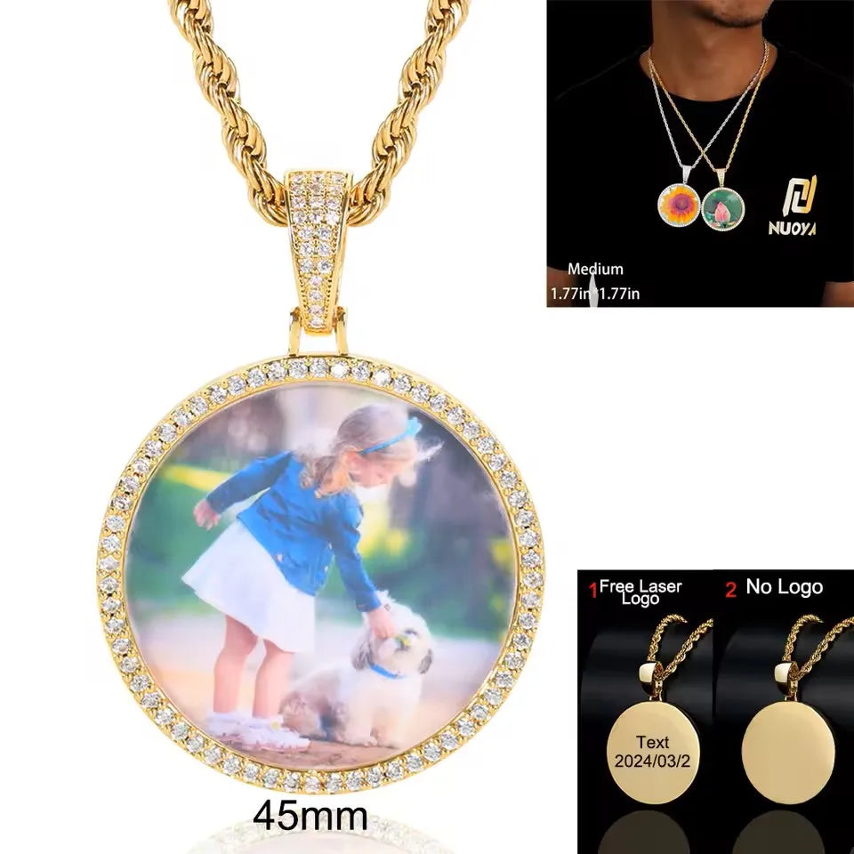 Custom Photo Necklace Circle Chain Personalized Medallion Memory Picture Pendant Solid Back Zircon Hip Hop Jewelry Free Engrave