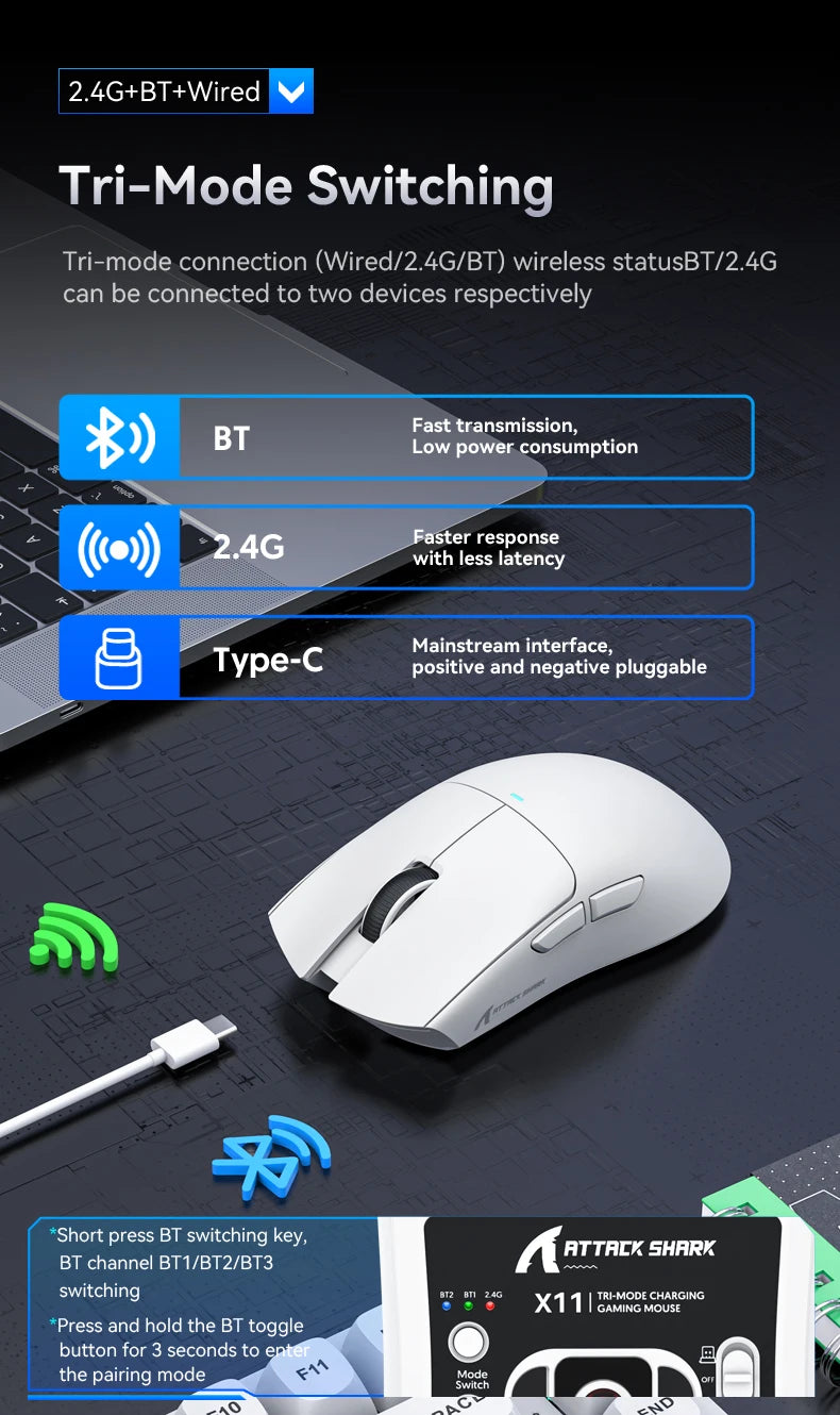 ATTACK SHARK X11 PAW3311 optical sensor,maximum resolution of 22K DPI acceleration up to 40G,edge in competitive gaming