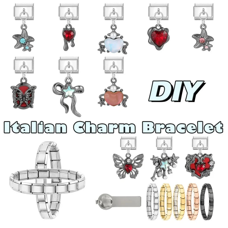 Red Sweet Cute Hollow Bow Knot Leaf Butterfly Rose Italian Charm Links Fit 9mm Stainless Steel Bracelet Jewelry DIY Making Gifts