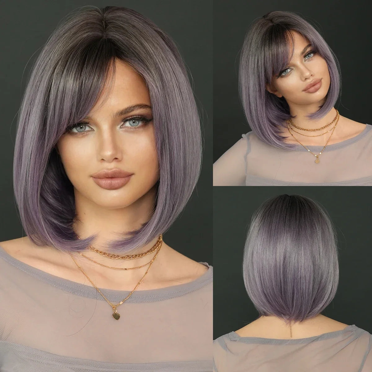 NAMM Synthetic Shoulder Length Middle Part Green Ombre Black Wigs Wigs for Women Daily Party High Density Green Root Wigs