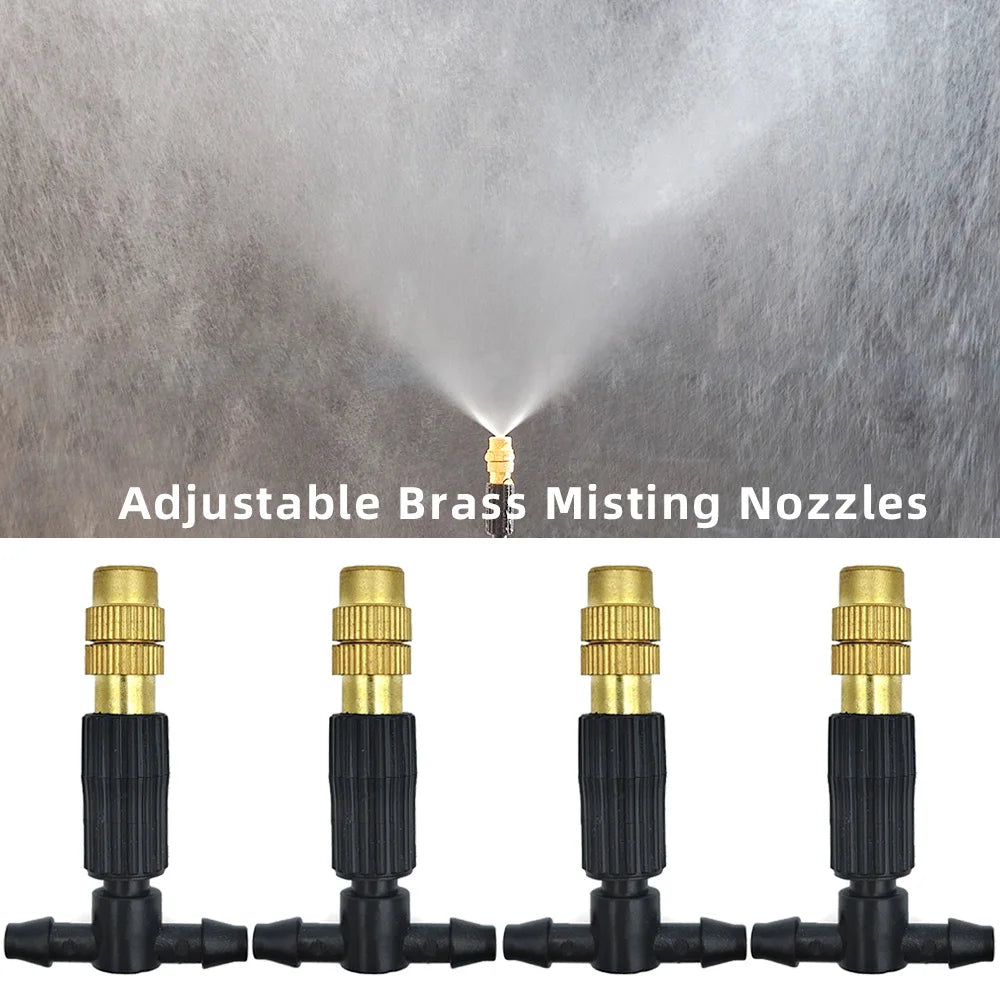 15M-30M Outdoor Misting Cooling System Garden Irrigation Watering 1/4'' Brass Atomizer Nozzles 4/7mm Hose for Patio Greenhouse