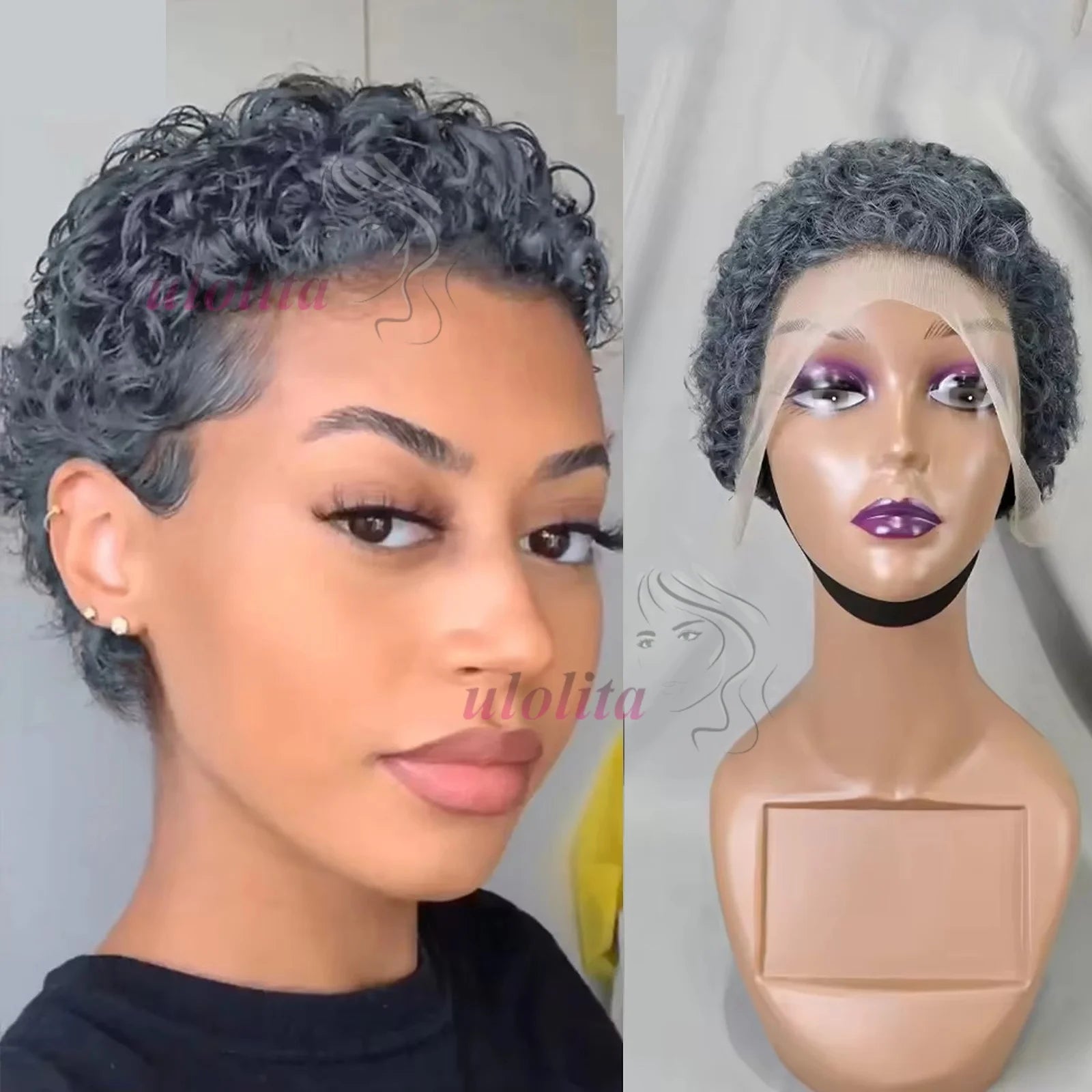 Gray Color Pixie Cut Curly Wave Human Hair Wigs 13x4 Transparent Lace Front Short Afro KinkyCurly Human Hair Wig for Black Women