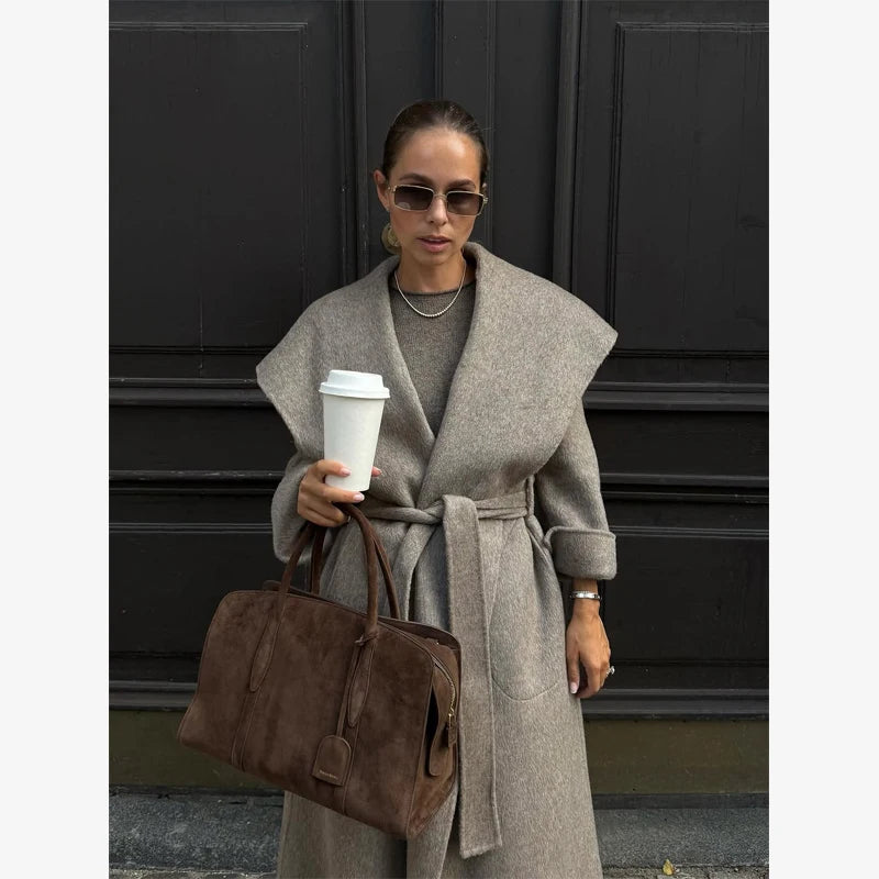 Navy Collar Lace Up Woolen Long Coat Women Elegant V-neck Full Sleeves Pockets Loose Overcoat 2026 Spring Lady Daily Street Wear