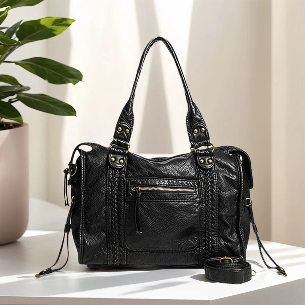 Leather Retro Shoulder Bag for Women with Pockets Utility Handbags Top Handle Bag Shopper Bag for Work Travel