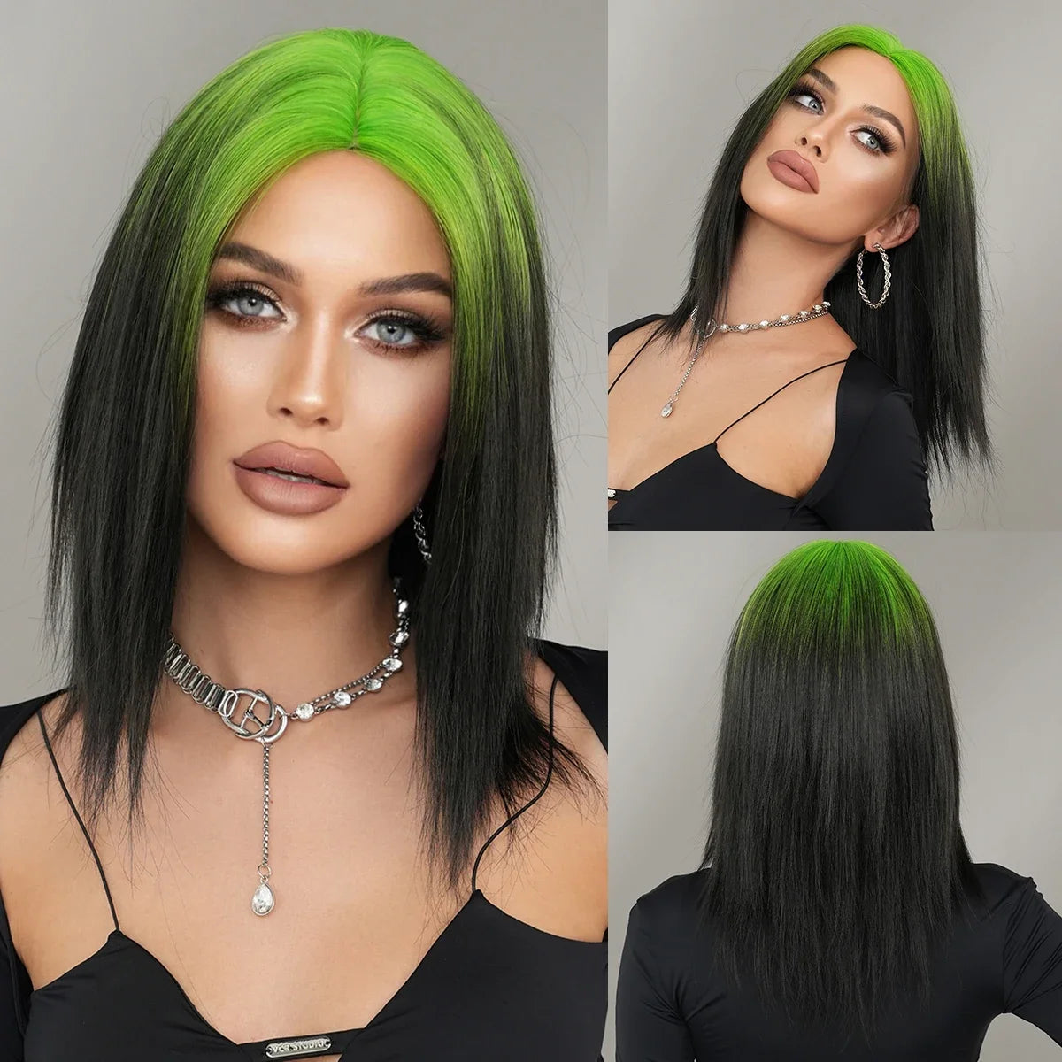 NAMM Synthetic Shoulder Length Middle Part Green Ombre Black Wigs Wigs for Women Daily Party High Density Green Root Wigs