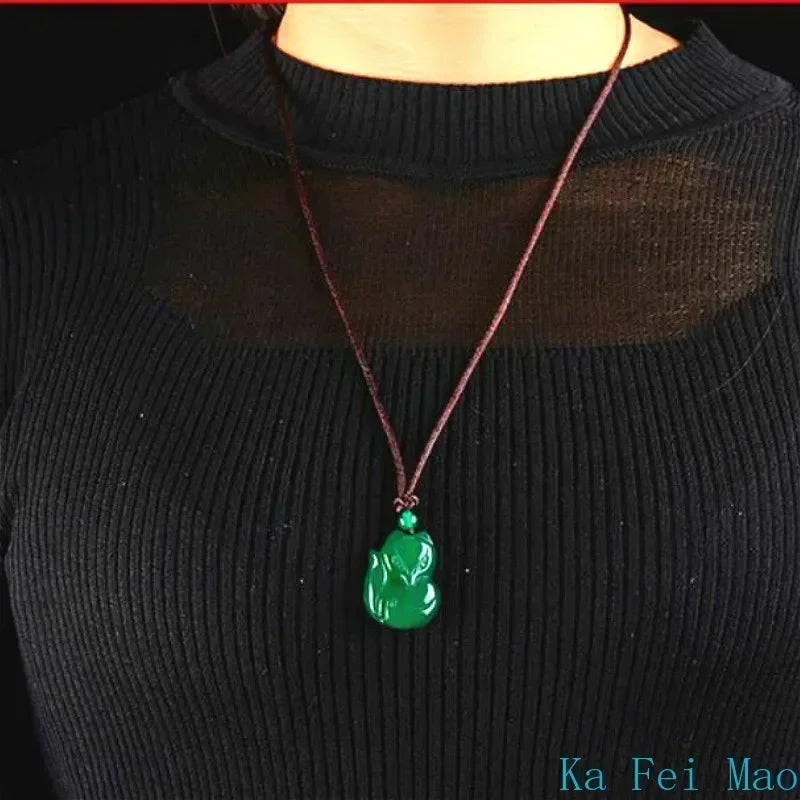Jade Fox Necklace Pendant Natural Green White Chalcedony Chinese Fashion Charm Jewelry Carved Amulet Gifts for Women Men