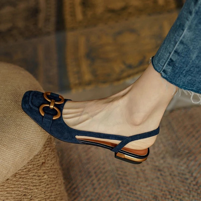 Retro Women Sandals Fashion Low-heeled Shoes Slingback Suede Office Ladies Shoes High Quality Elegant Slip on Woman Flat Sandals
