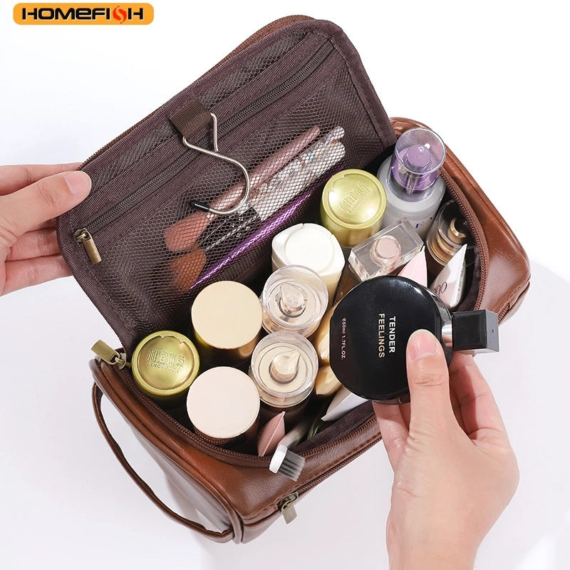 HOMEFISH Men PU Vintage Luxury Toiletry Bag Travel Necessary Business Cosmetic Makeup Cases Male Hanging Storage Organizer Wash
