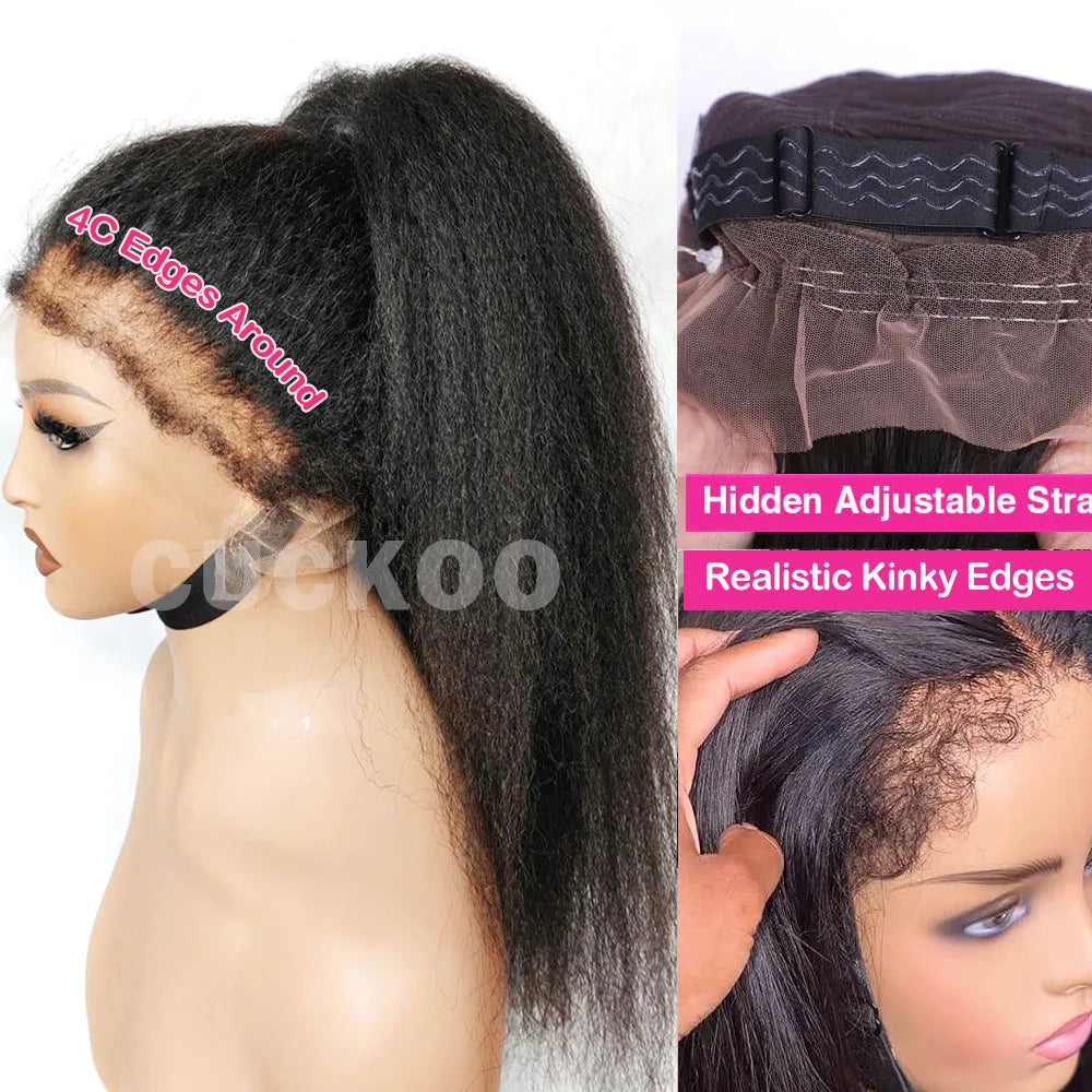 360 Yaki Straight With 4C Edges Pre Plucked Natural Hairline Insivible Strap Glueless Lace Frontal Wigs Kinky Straight Front Wig