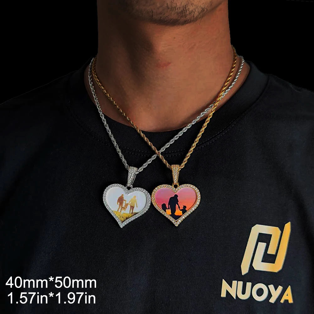 Custom Photo Necklace Circle Chain Personalized Medallion Memory Picture Pendant Solid Back Zircon Hip Hop Jewelry Free Engrave