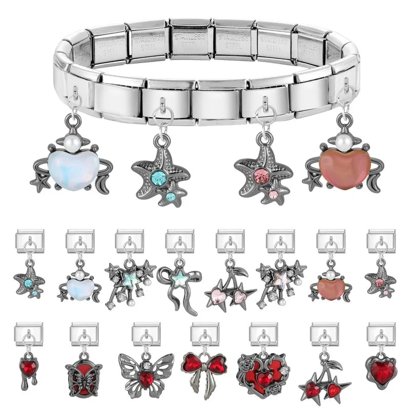 Red Sweet Cute Hollow Bow Knot Leaf Butterfly Rose Italian Charm Links Fit 9mm Stainless Steel Bracelet Jewelry DIY Making Gifts
