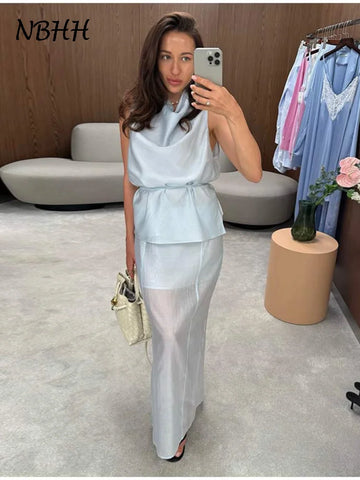 Casual Yellow Top Long Skirts Sets Women Sleeveless Lace Up Tops Straight Slit Skirt 2026 Summer Holiday Street Lady Solid Suits
