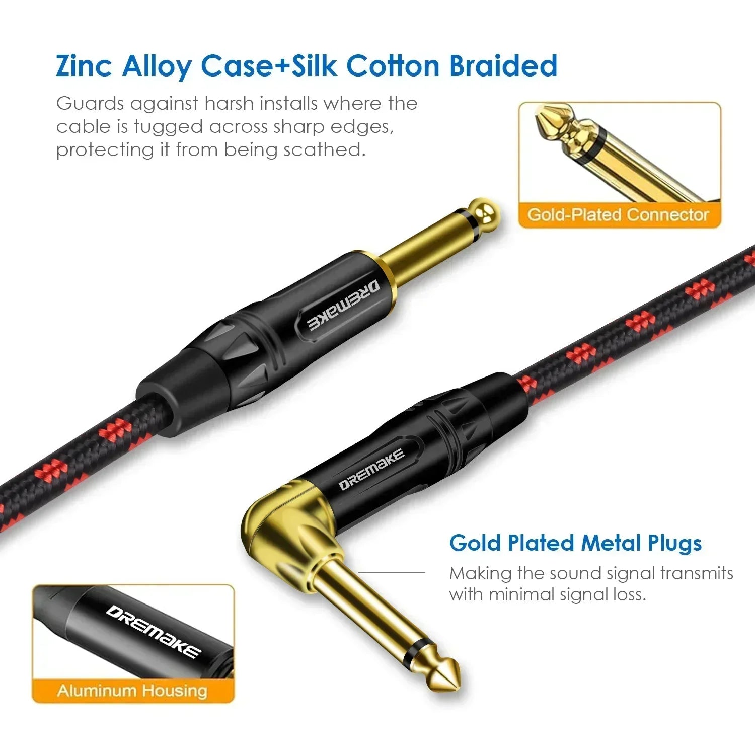 Jack 6.35 mm Mono Cable Gold Plated Guitar Cable Male to Male Cotton Braided Instrument Cable for Guitar Bass keyboard