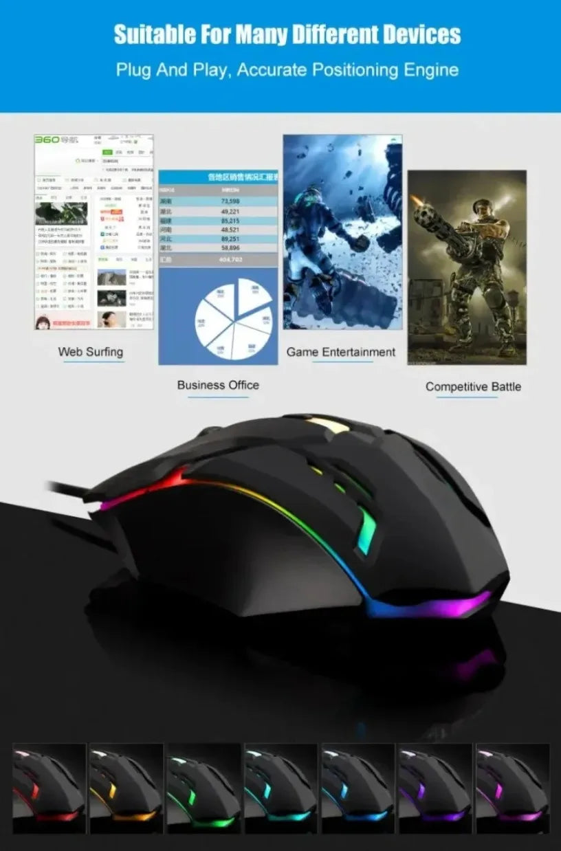 USB LED Colorful Luminous Button Gaming Mouse Wired Mouse For PC Gamer Computer Desktop Laptop Mice DPI1200 RGB Ergonomic Mouse