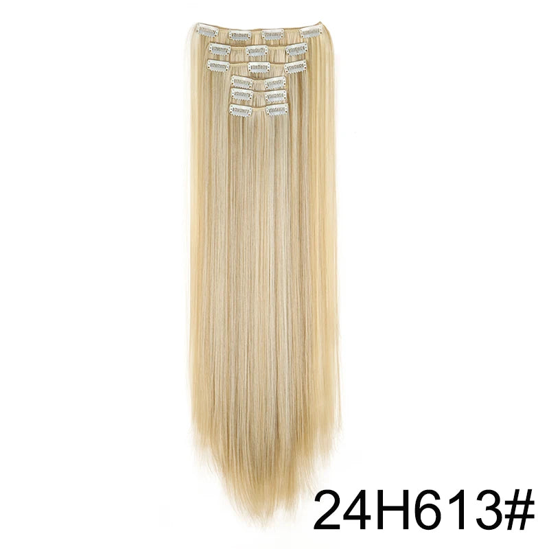 WIGSIN Synthetic 6pcs/set 24Inch Long Straight Hair Extensions Clip-in Heat Resistant Black Blonde Hairpiece for Women