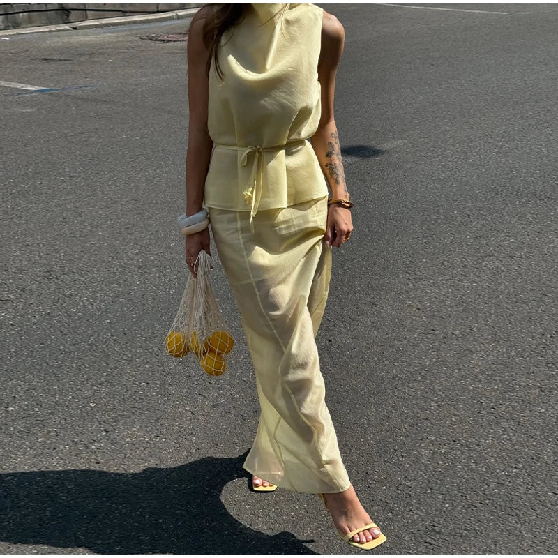 Casual Yellow Top Long Skirts Sets Women Sleeveless Lace Up Tops Straight Slit Skirt 2026 Summer Holiday Street Lady Solid Suits