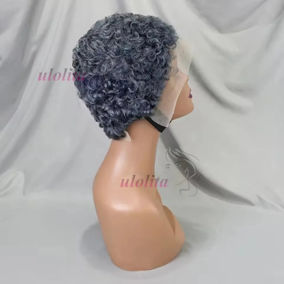 Gray Color Pixie Cut Curly Wave Human Hair Wigs 13x4 Transparent Lace Front Short Afro KinkyCurly Human Hair Wig for Black Women