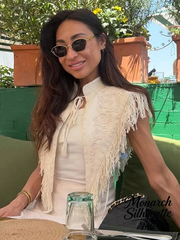 Chic Embroidery Tassel Shawl Women Casual Solid Stand Neck Sleeveless Irregular Short Top 2026 Female Vacation Daily Clothes New