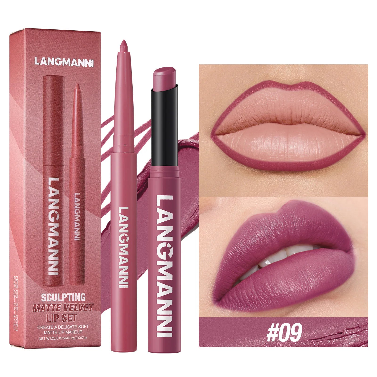 2Pcs/set Matte Soft Mist Slanted Mouth Lipstick + Lip Liner Set Combo Light Matte and Non-Drying Waterproof Non-Stick Lip Set