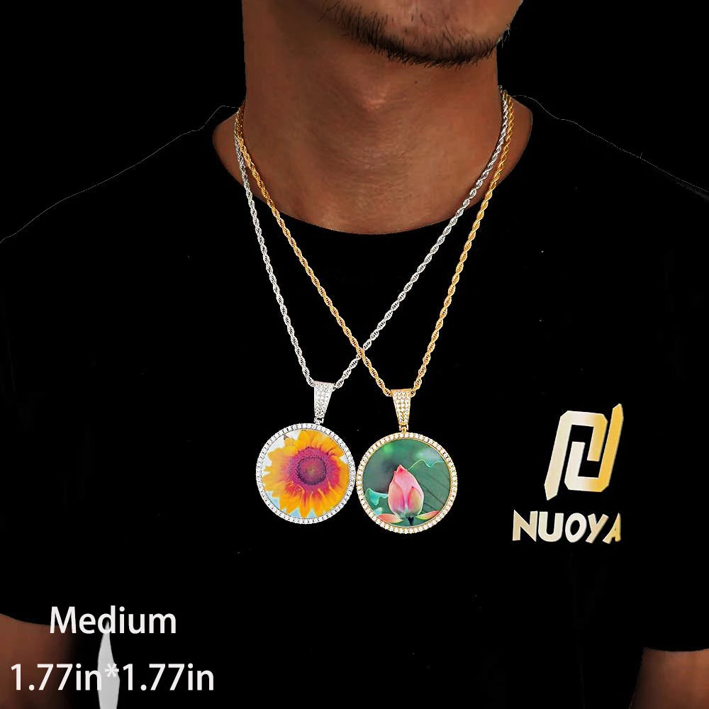 Custom Photo Necklace Circle Chain Personalized Medallion Memory Picture Pendant Solid Back Zircon Hip Hop Jewelry Free Engrave