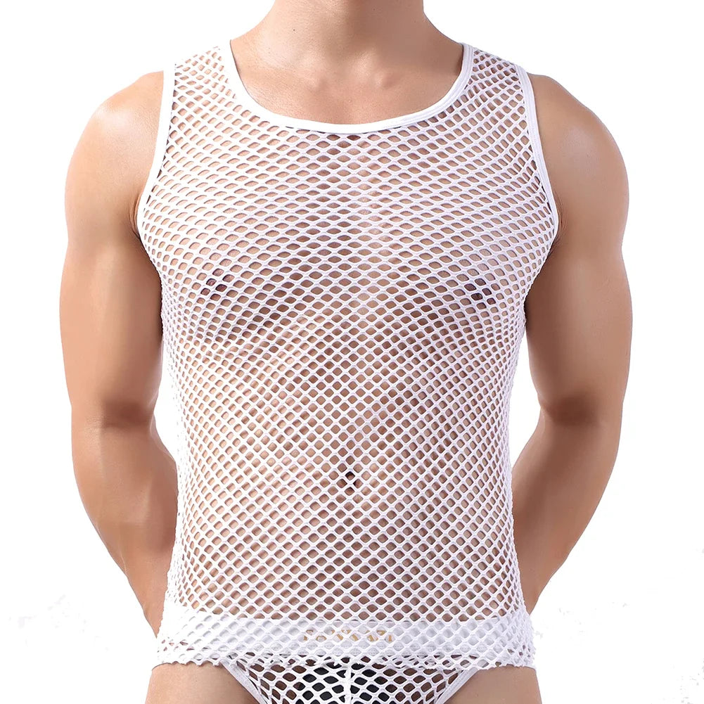 Fashion Tank Tops For Men Hollow Out Undershirt Mesh Breathable Sleeveless Vest