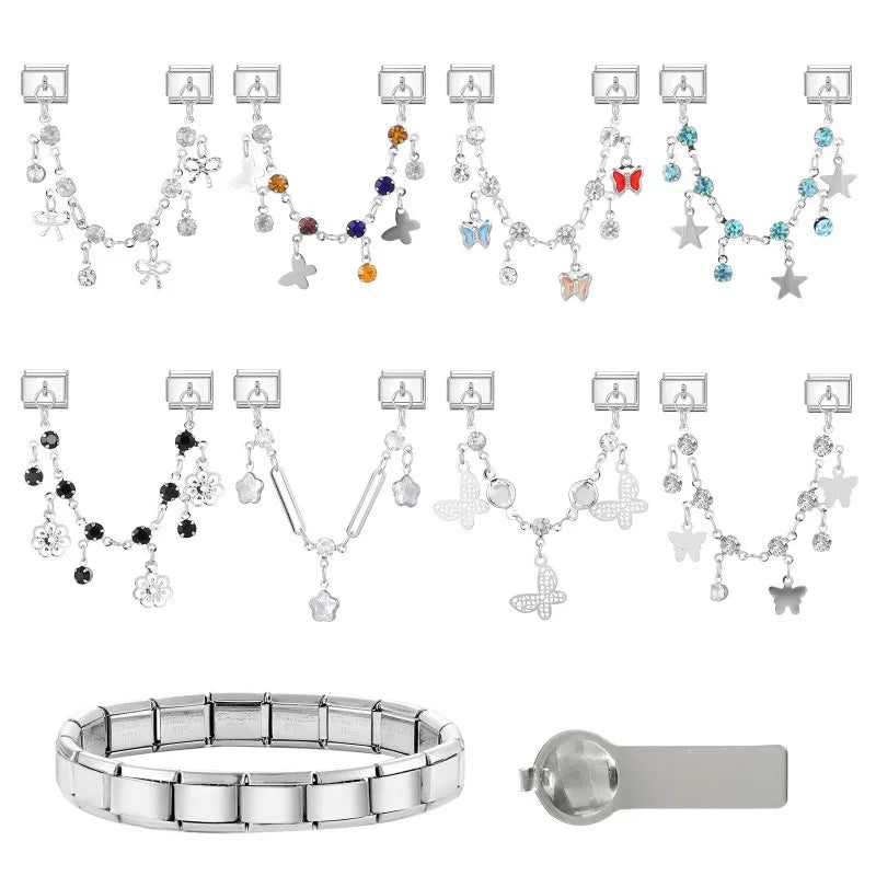 Star Butterfly Heart Zircon Round Pearls Tassel Chain Italian Charm Links Fit 9mm Bracelet Stainless Steel Women DIY Making Gift