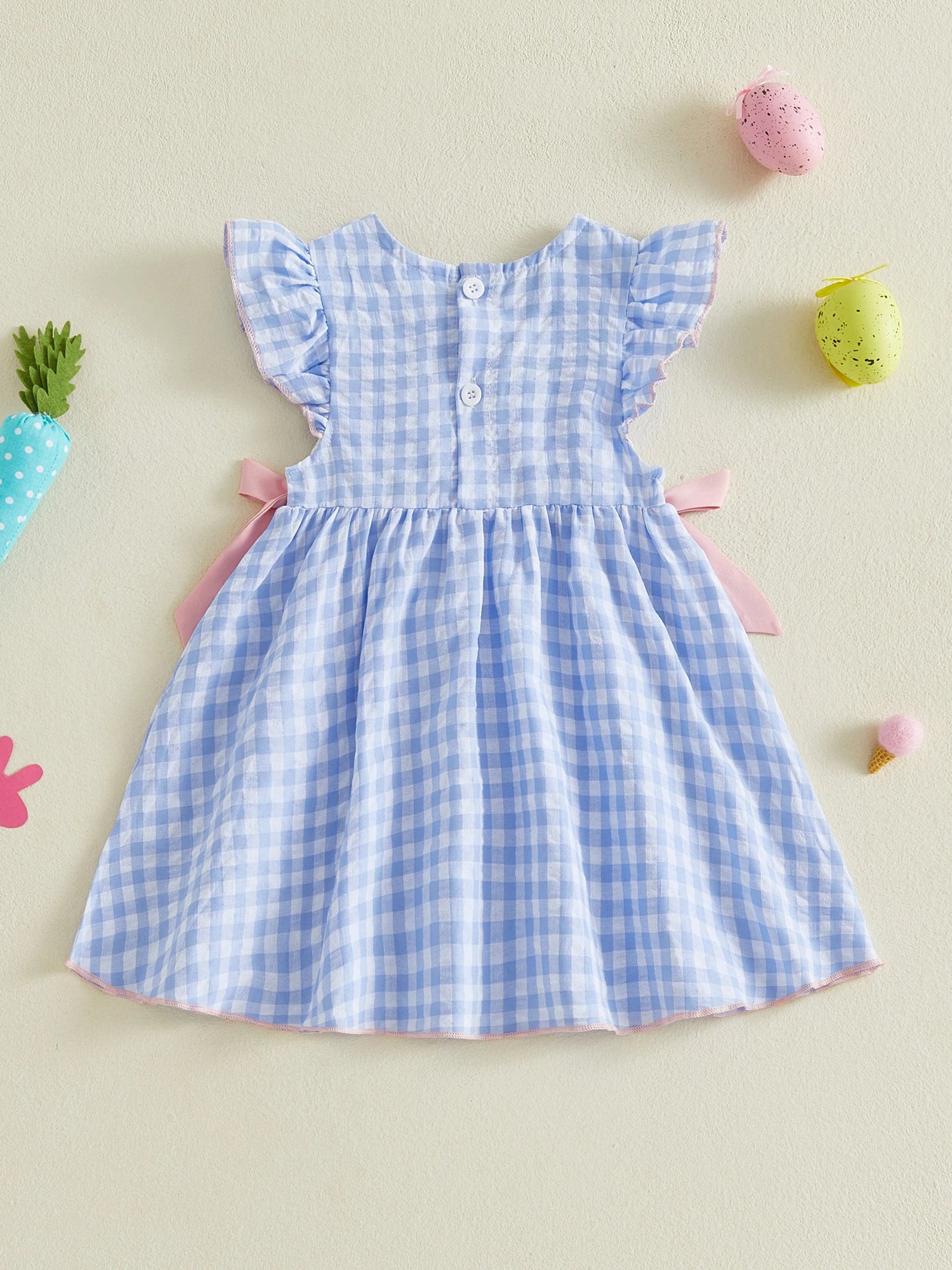 Toddler Baby Girl Easter Dress Flying Sleeve Crew Neck Rabbit Embroidery Plaid Print Bow Decor A Line Dress