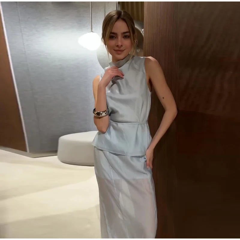 Casual Yellow Top Long Skirts Sets Women Sleeveless Lace Up Tops Straight Slit Skirt 2026 Summer Holiday Street Lady Solid Suits