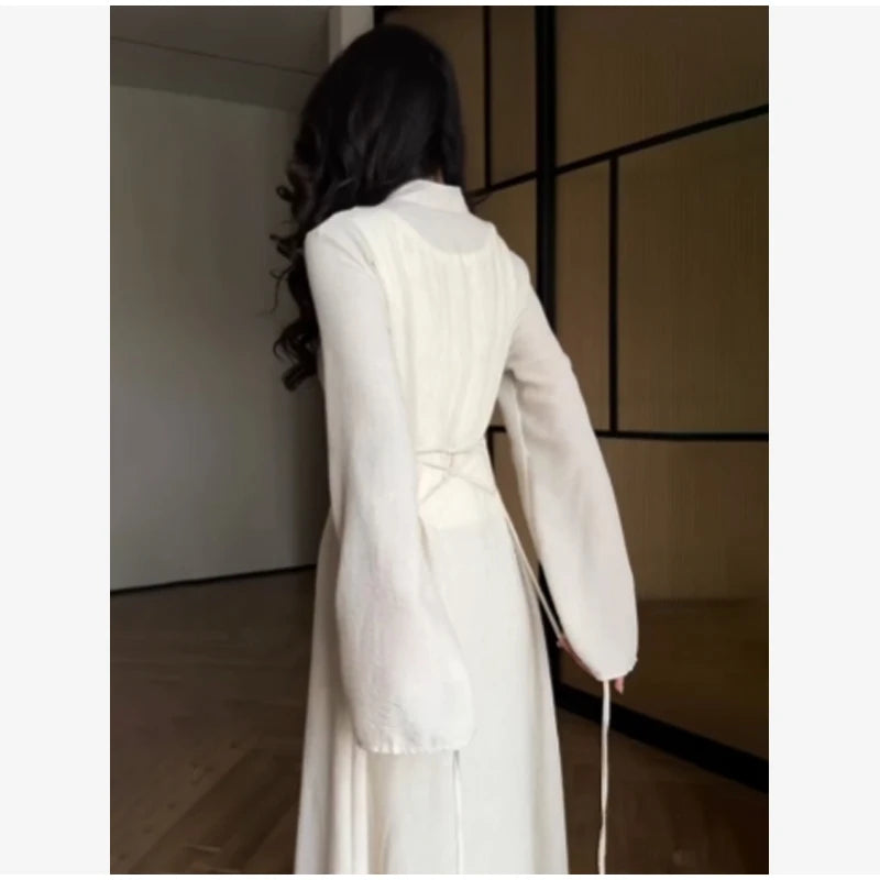 Chinese Style Frog Button Two Piece Set Long Flared Sleeve Ruched Waist Traditional Oriental Outline Sets Spring Picnic Outfit