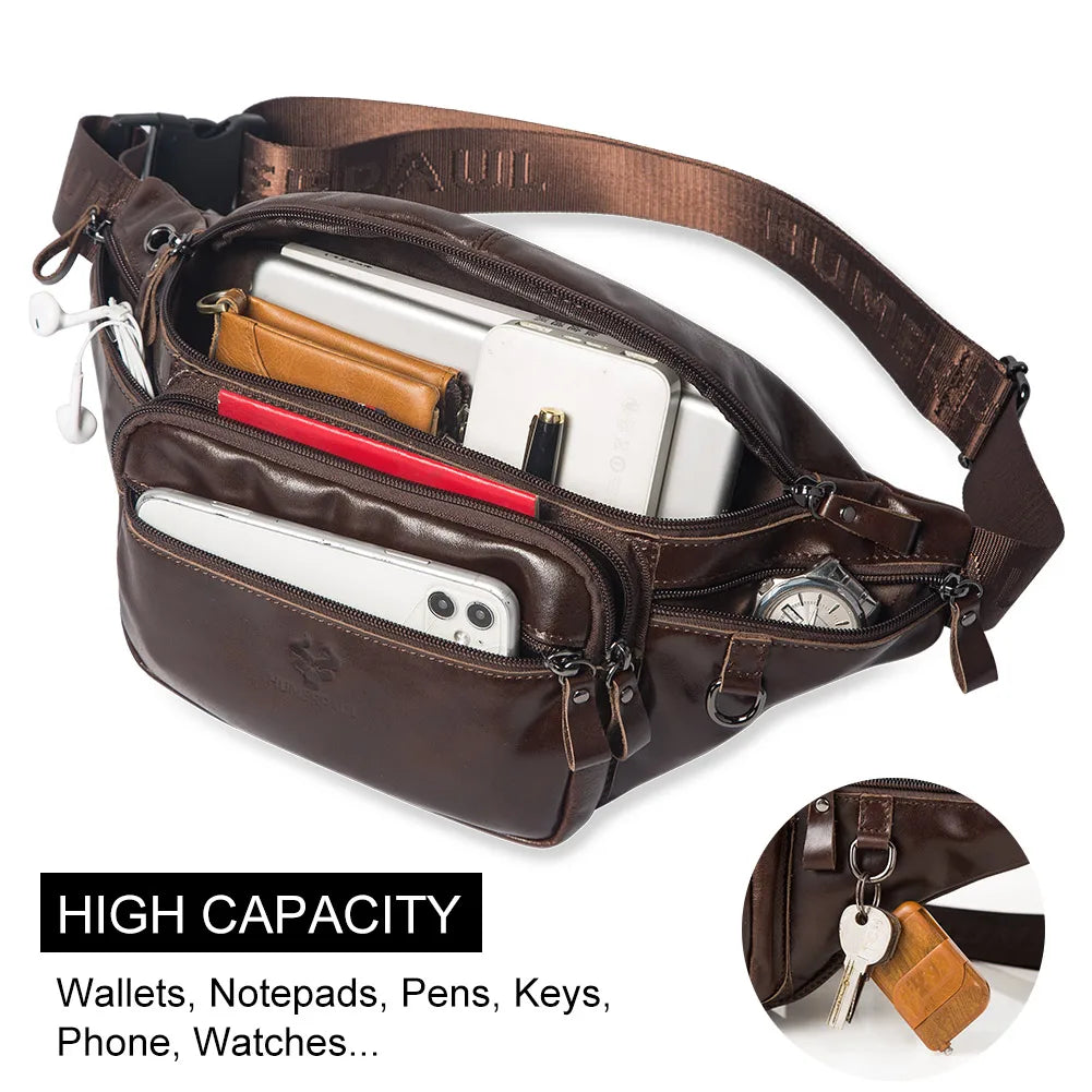 HUMERPAUL Genuine Leather Waist Bag Casual Fanny Pack For Men Multifunction Outdoor Chest Bag Phone Pouch Travel Crossbody Bages