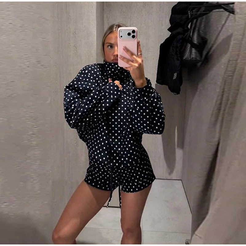 Fashion Navy Polka Dot Shorts Set For Women Casual Stand Collar Zipper Jacket & High Waist Shorts Lady 2026 Spring Chic Outfits