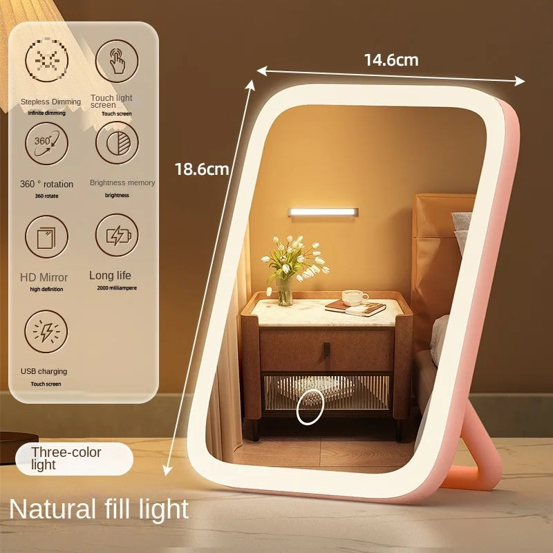LED Smart Student Dormitory Desktop Fill Light Small Mirror, Makeup Mirror With Light,Girls Bedroom Dressing Table Mirror