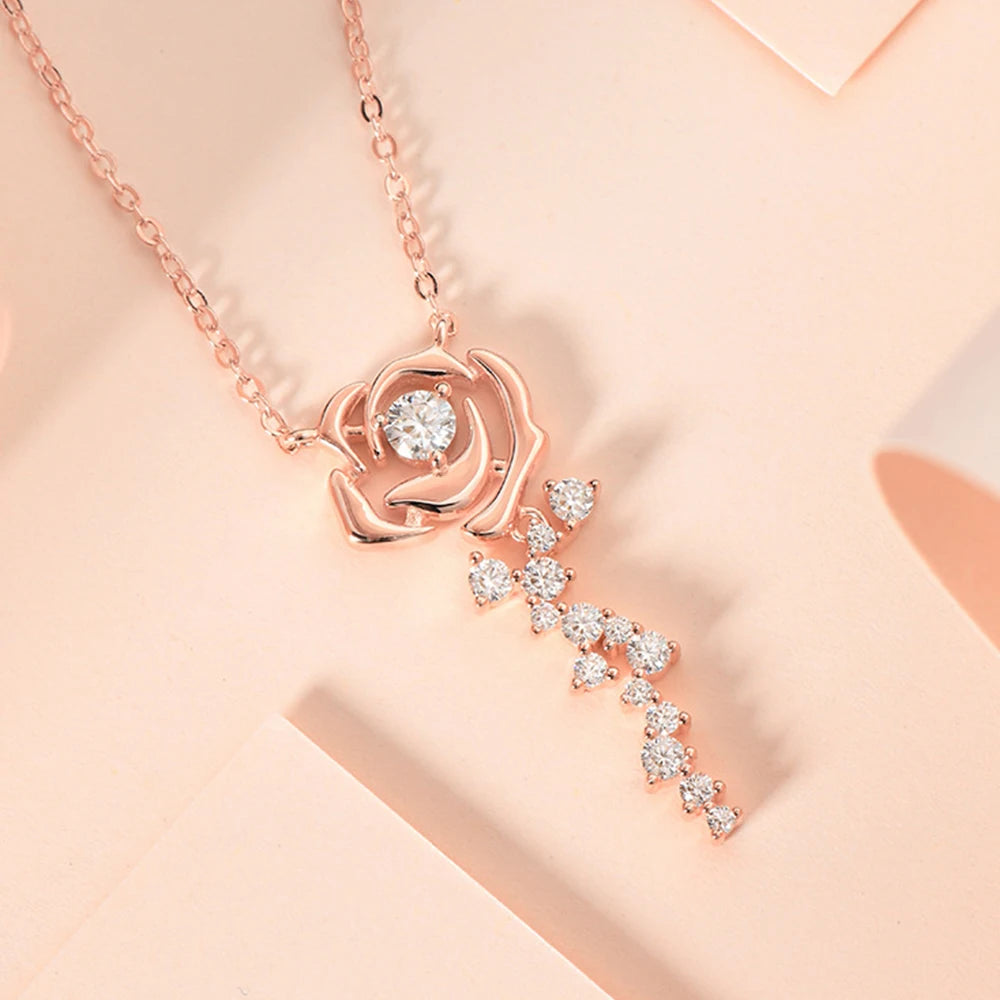 Rose Gold Full Moissanite Necklace Original Certified 18k Gold Plated 925 Silver Rose Flower Choker Chains for Women Jewelry GRA